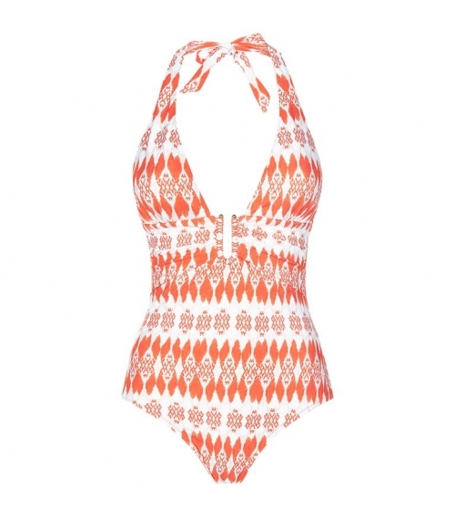 One-piece orange and white swimsuit with U-neck