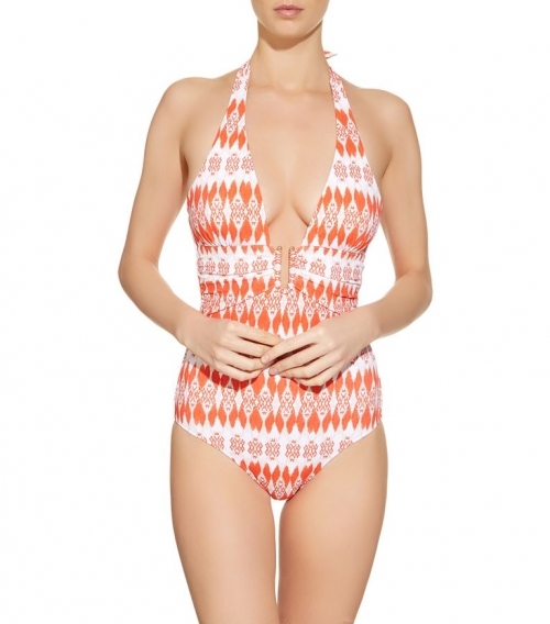 One-piece orange and white swimsuit with U-neck